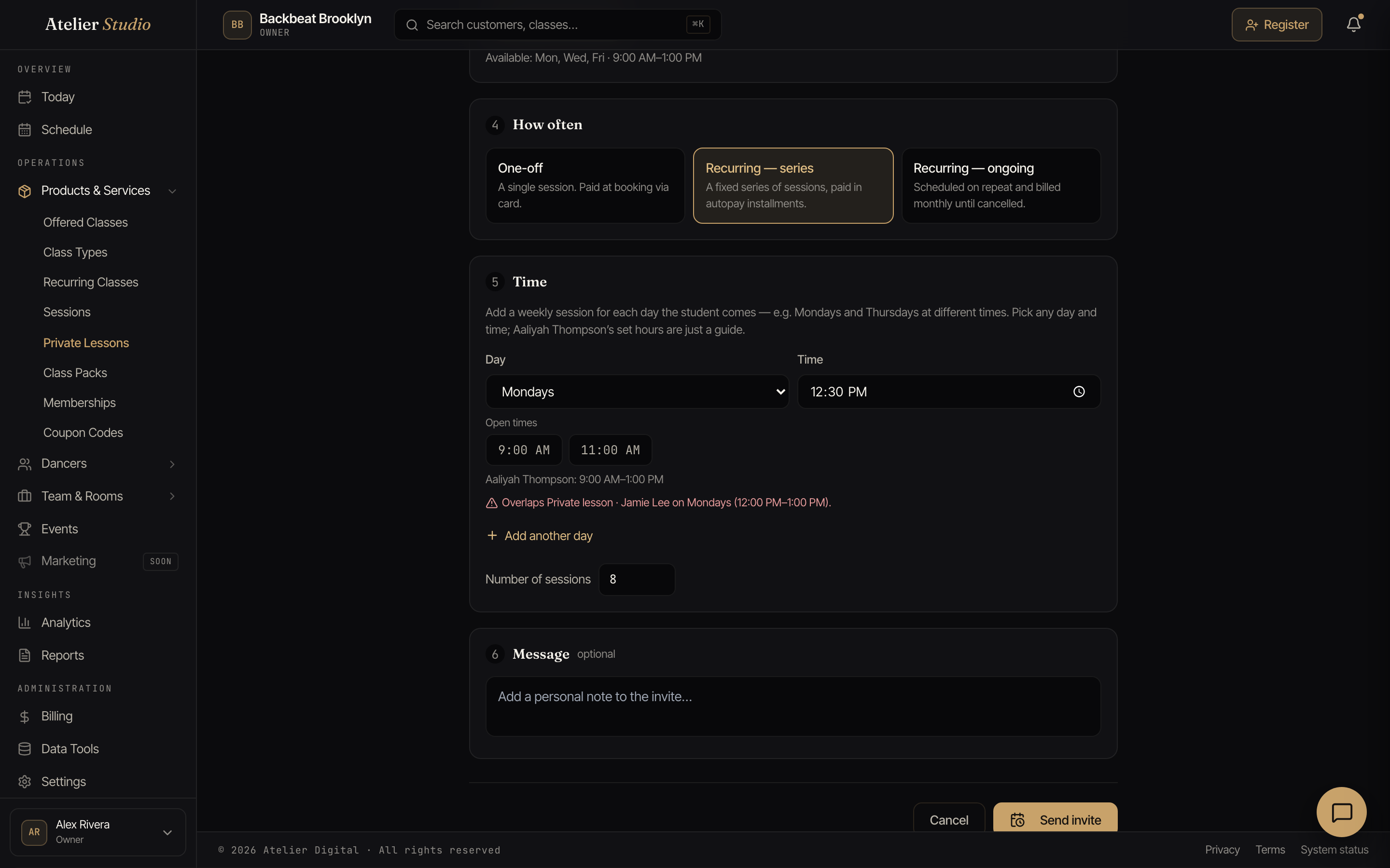 The time step showing open-time suggestions and a note that the chosen time overlaps another session.