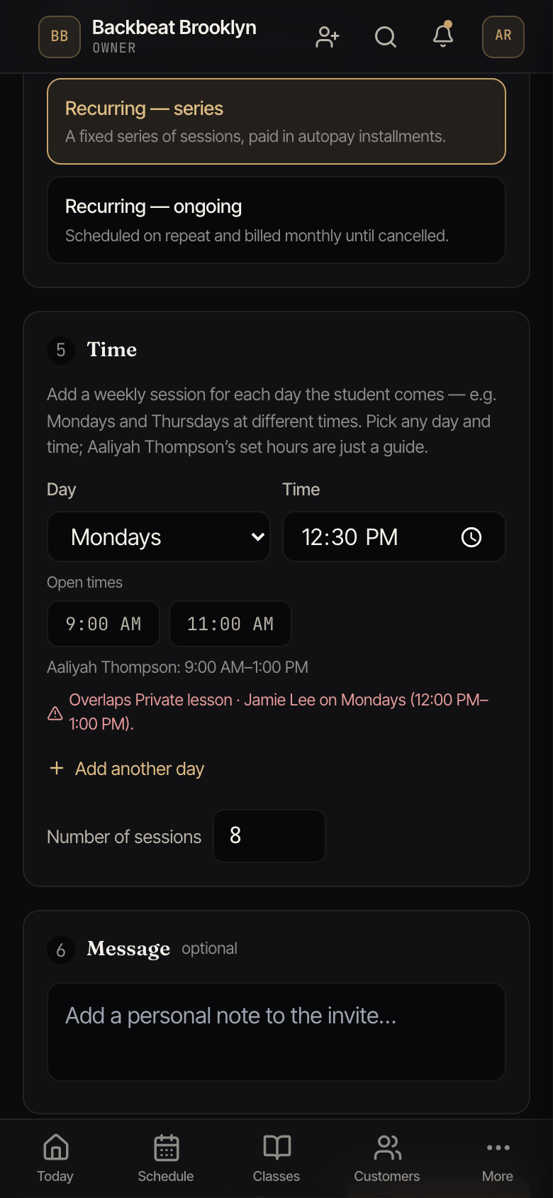 The time step showing open-time suggestions and a note that the chosen time overlaps another session.