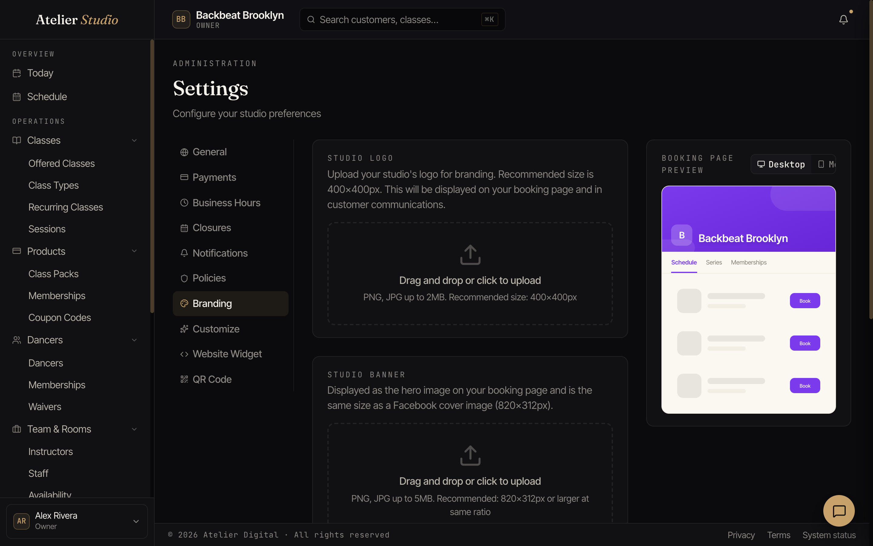 The Branding tab with logo and banner uploads and a live booking-page preview.
