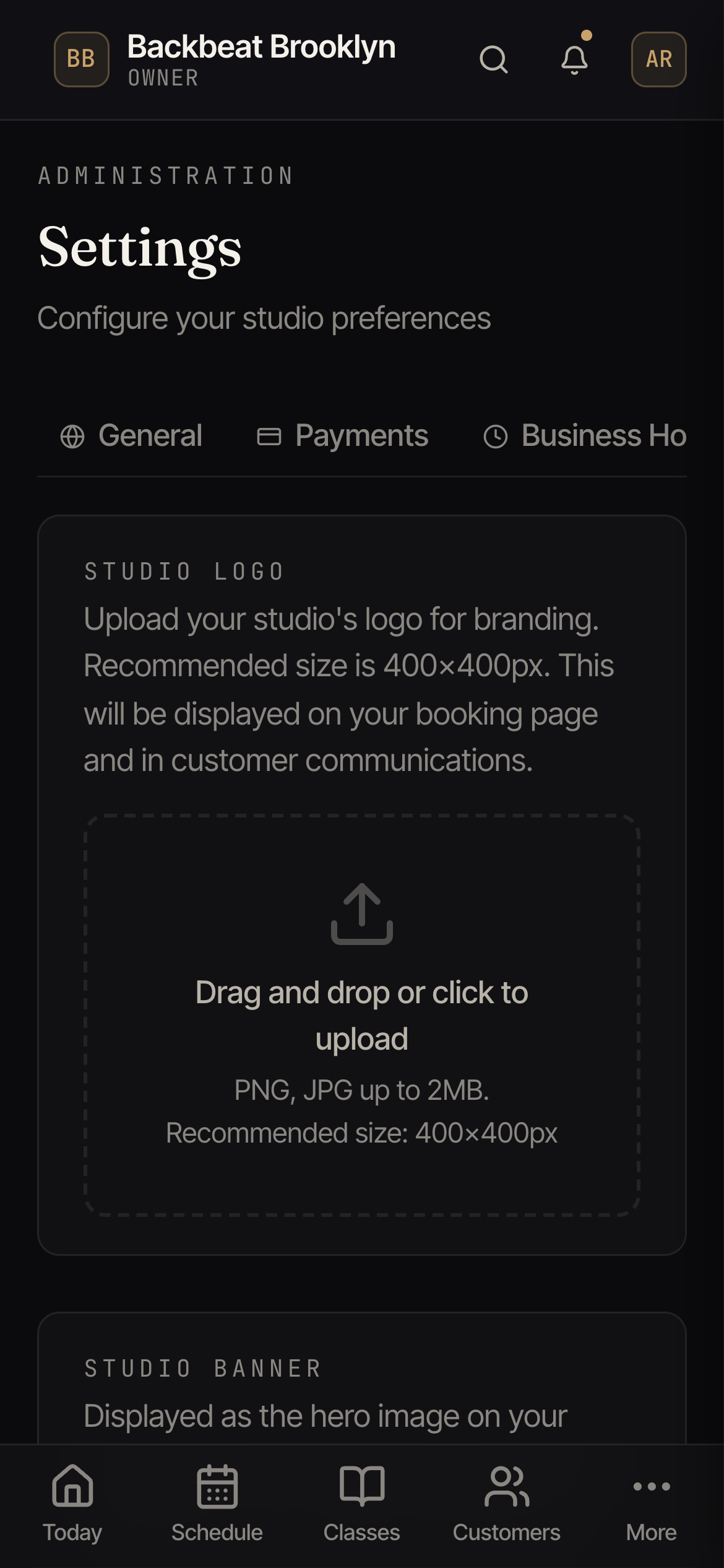 The Branding tab with logo and banner uploads and a live booking-page preview.
