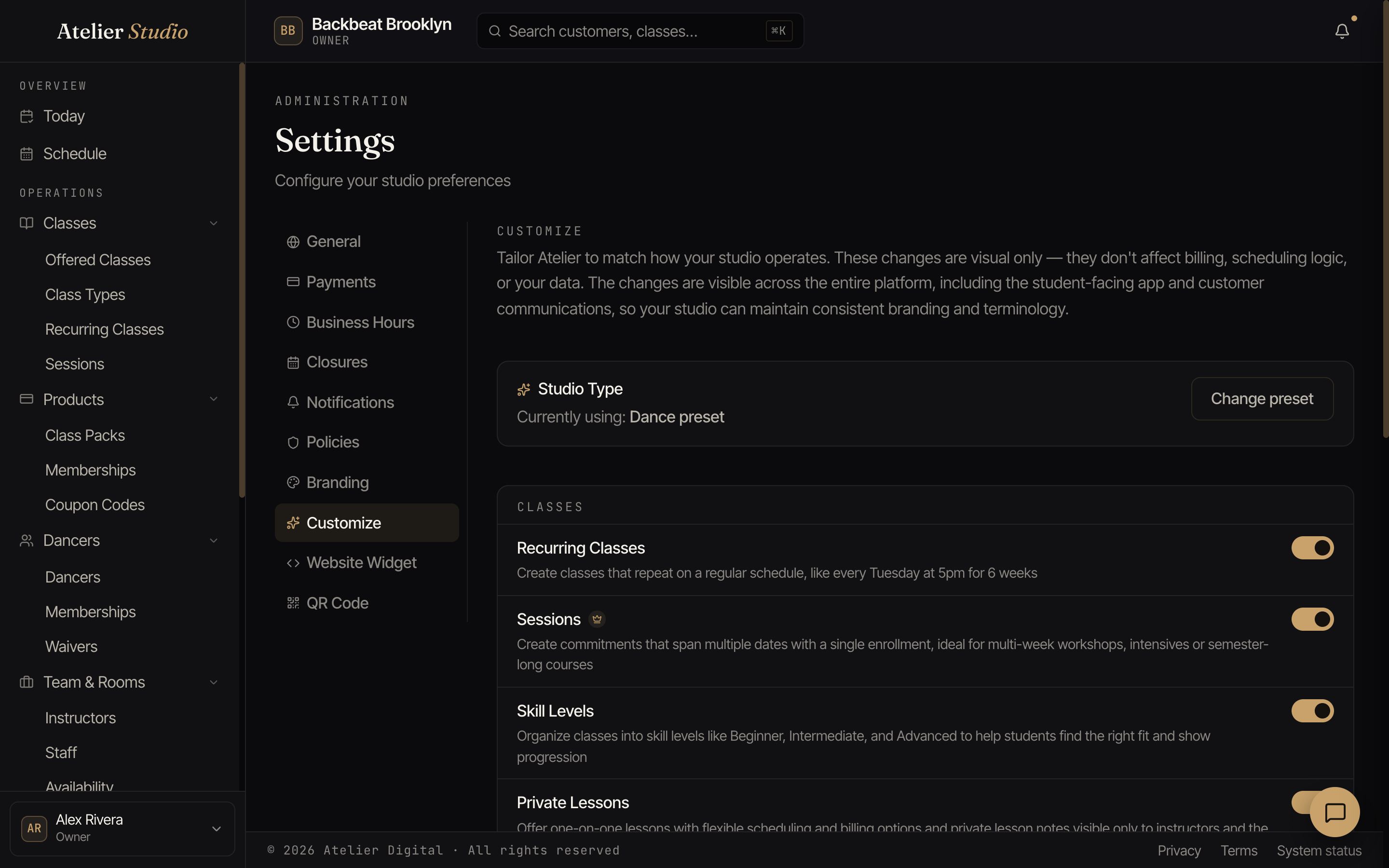 The Customize tab with a studio-type preset and toggles for features like recurring classes and skill levels.