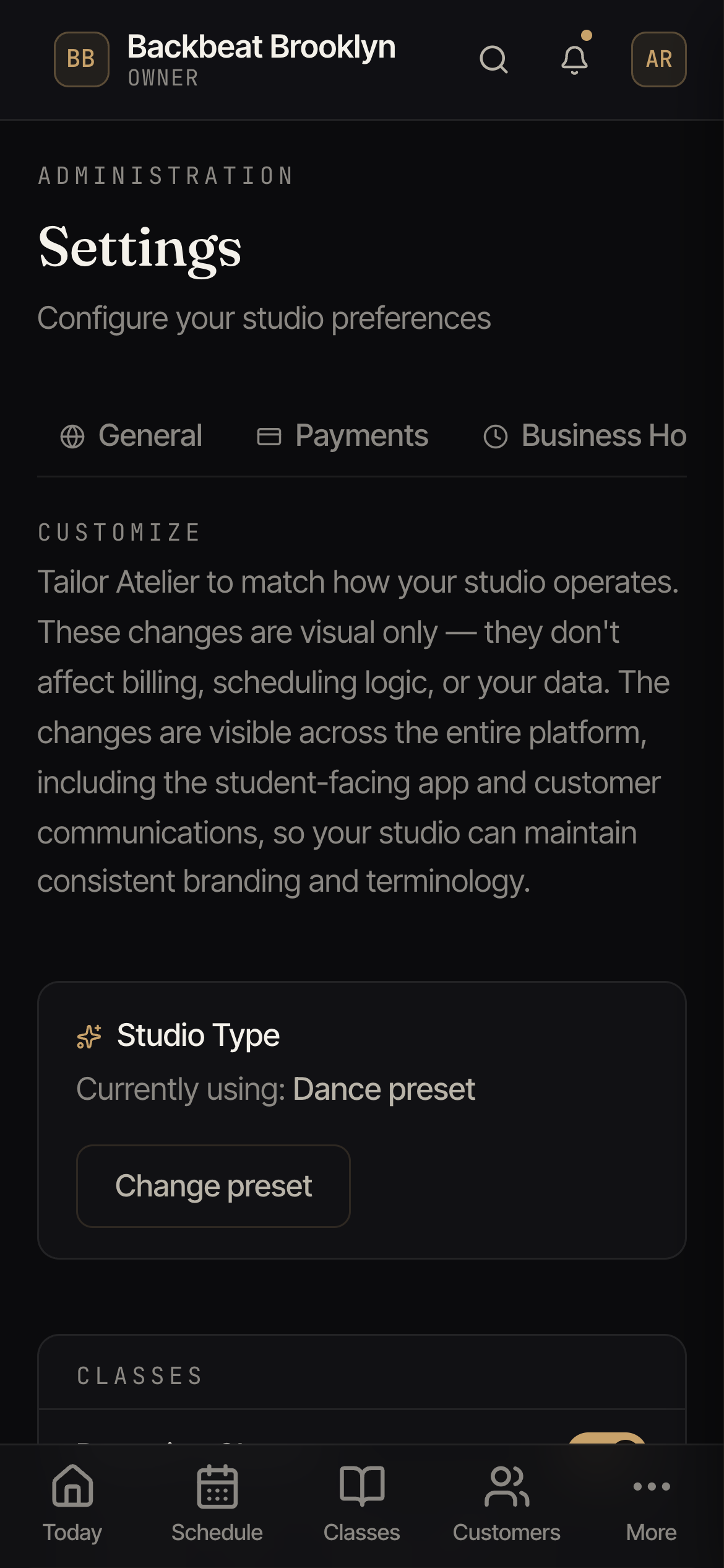 The Customize tab with a studio-type preset and toggles for features like recurring classes and skill levels.