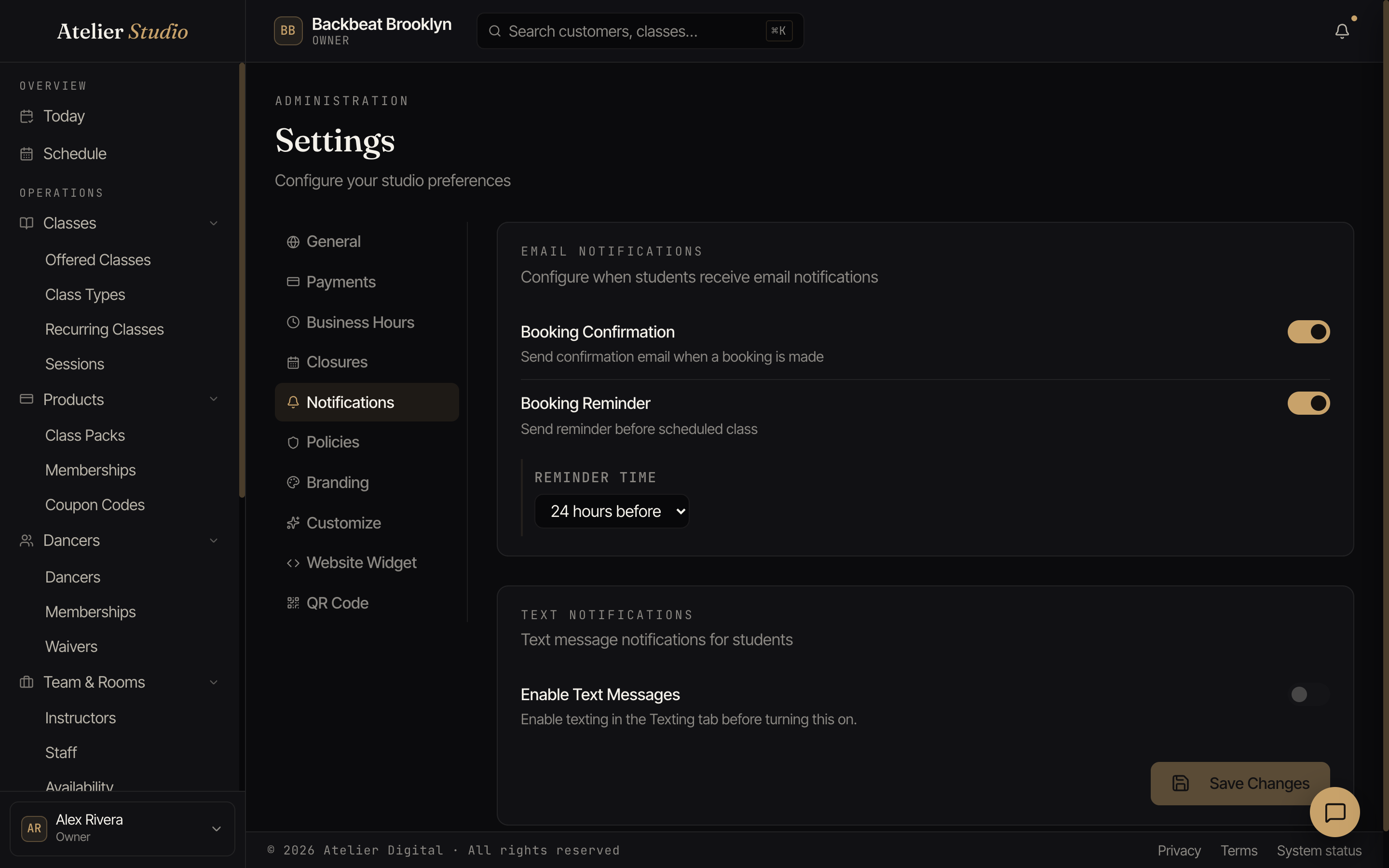The Notifications tab where you choose which reminders and confirmations are sent.