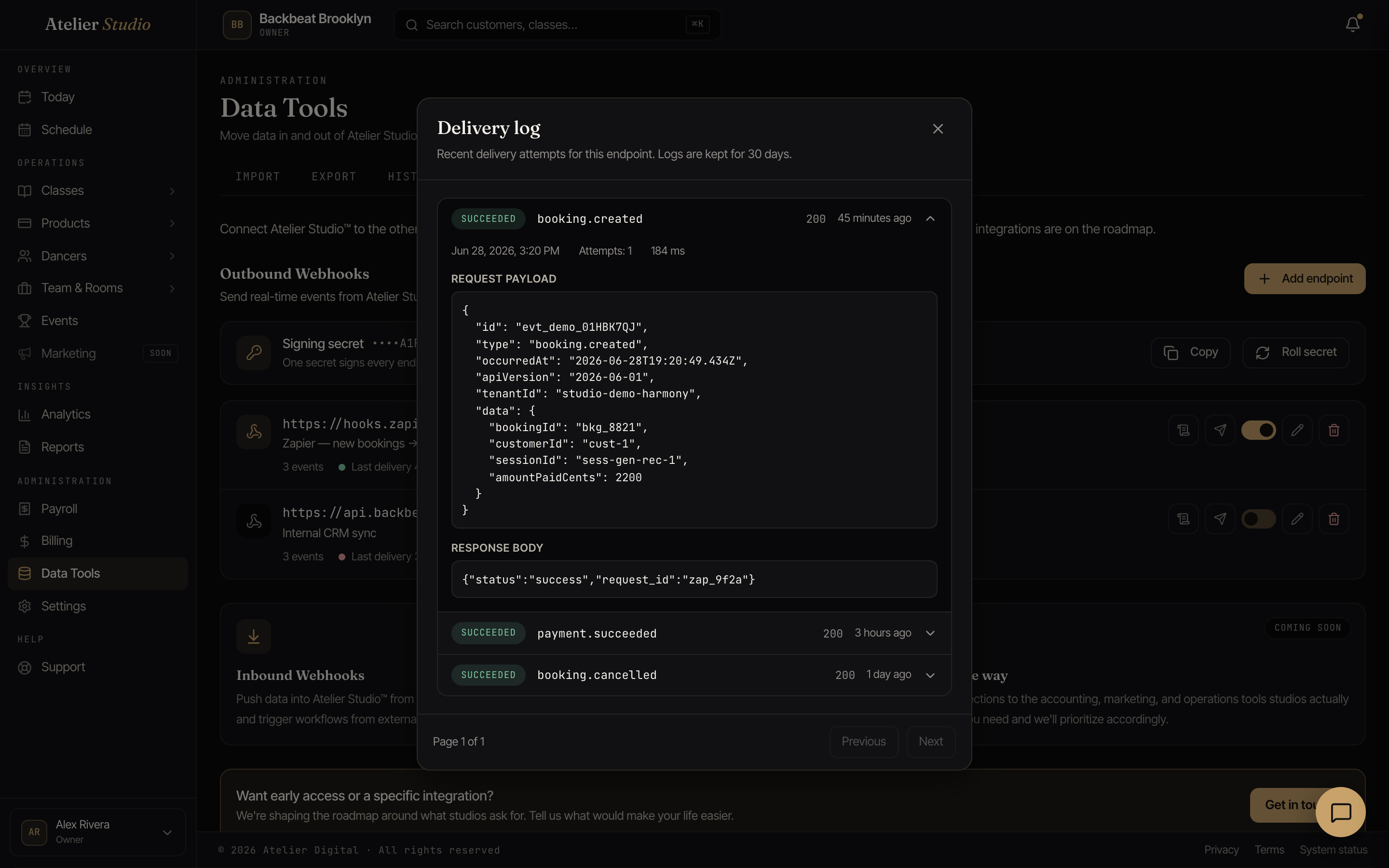 The delivery log window listing recent webhook attempts with event, status, response code, time, and attempt count, and a row expanded to show the request and response.