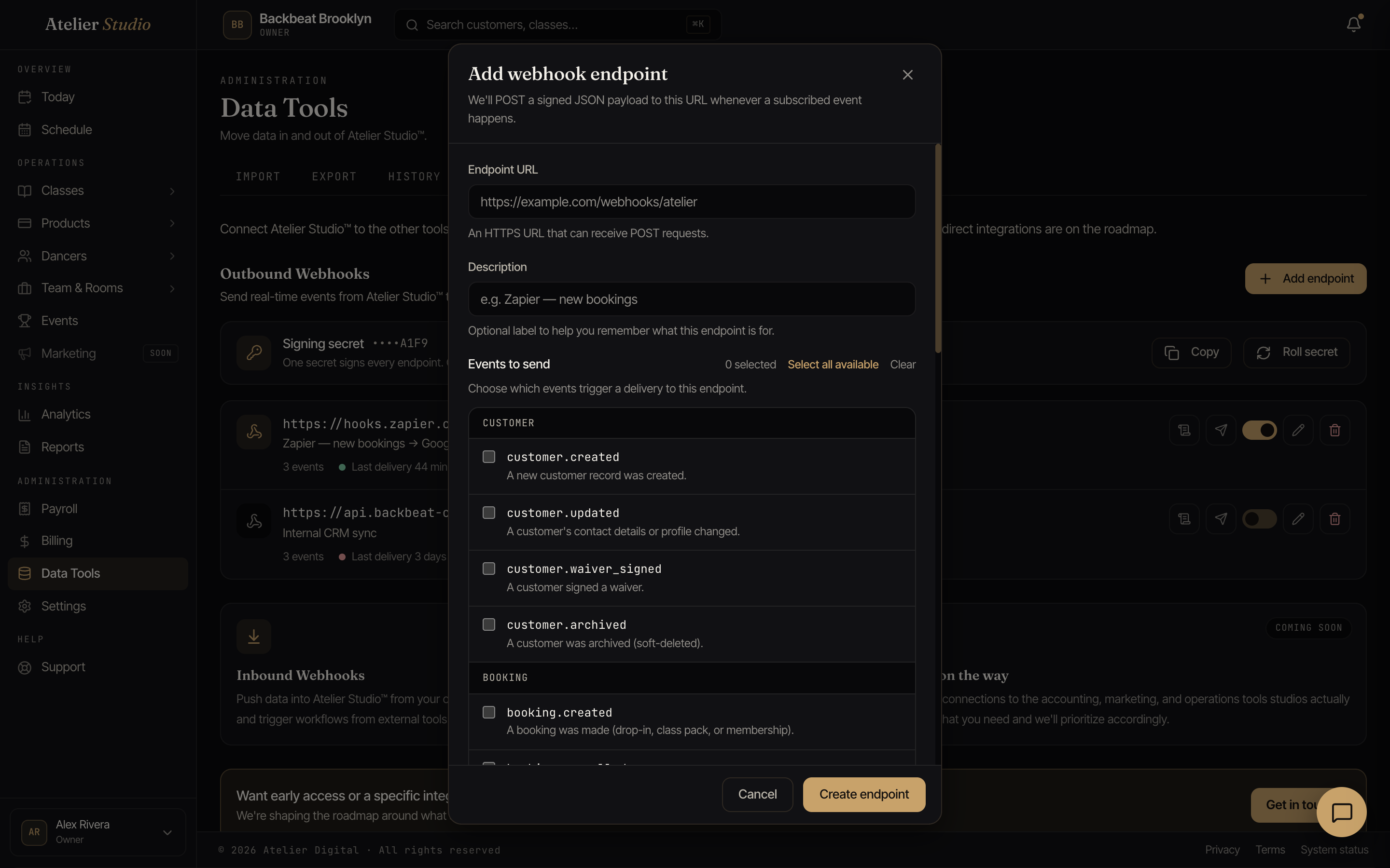 The add-endpoint window with fields for the endpoint URL and description, and an event picker grouped by category.