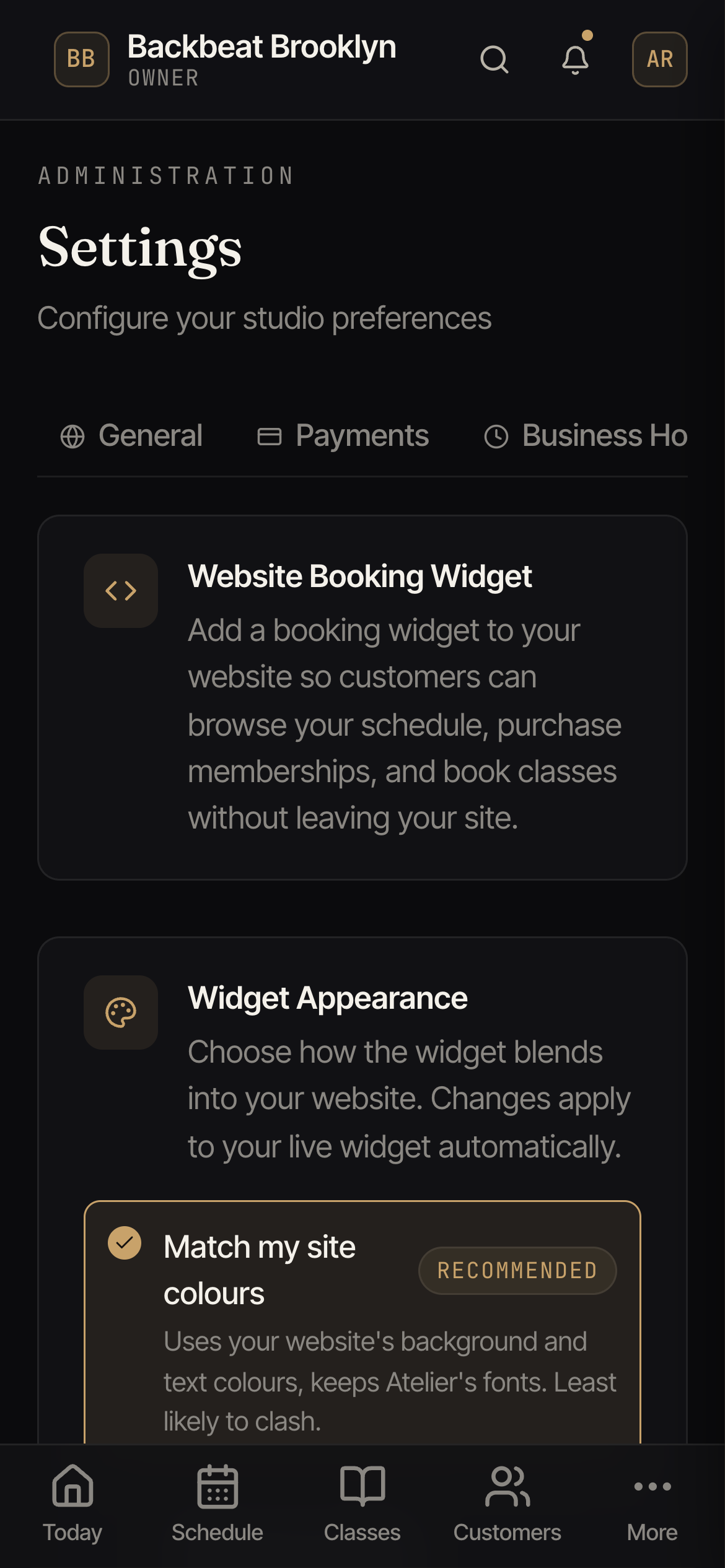 The Website Widget tab with appearance options and a live preview of the booking widget.