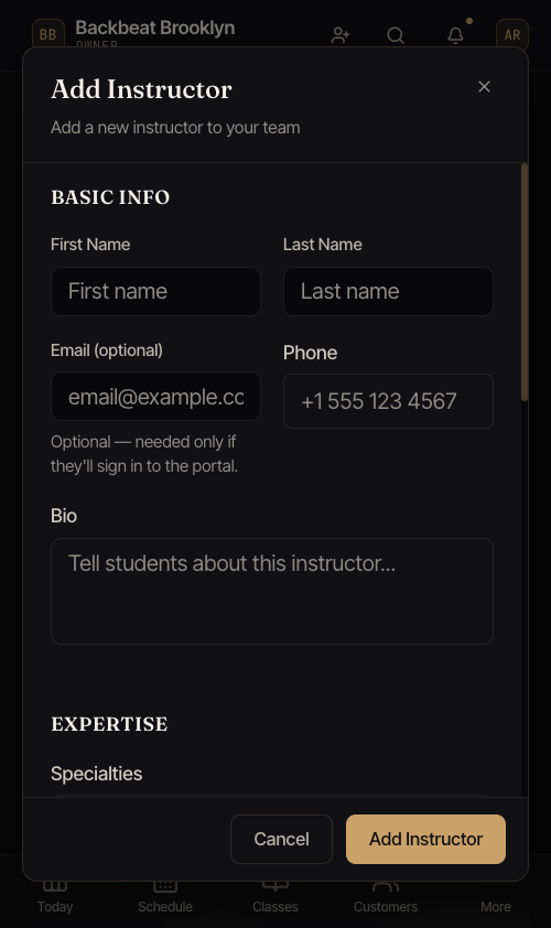 The Add Instructor form in Atelier Studio, with the email field marked optional.