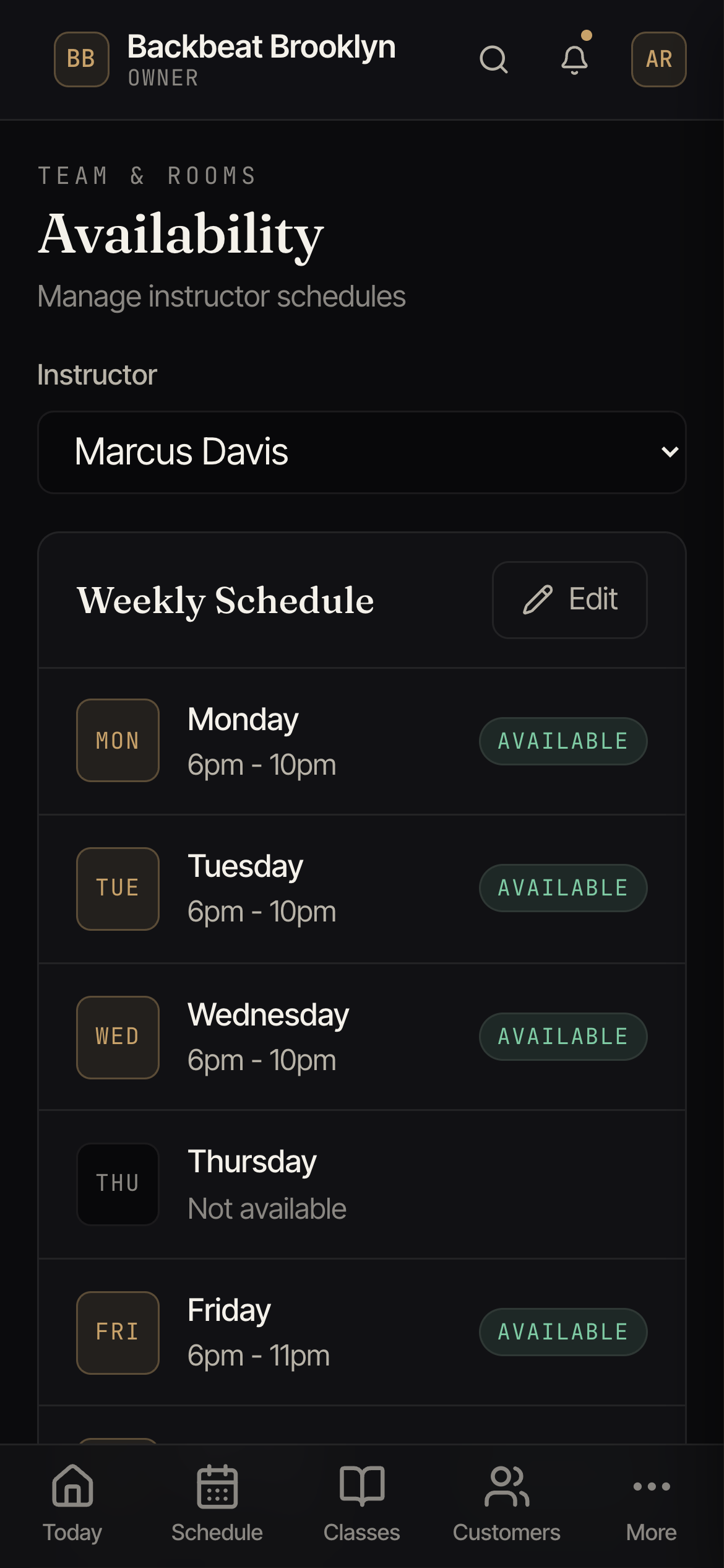 The Availability screen with a weekly grid of available hours for an instructor and a time-off section.