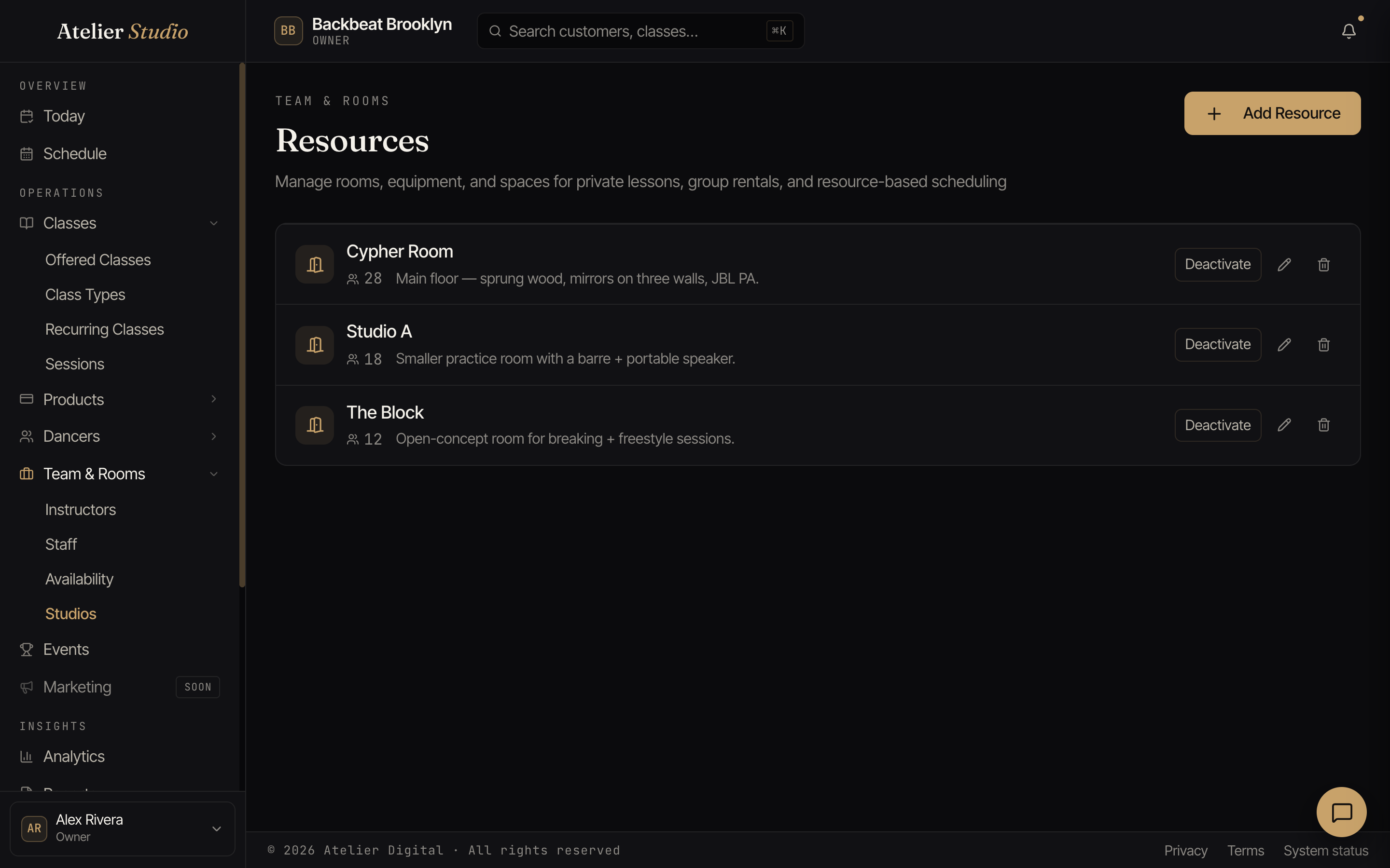 The Resources screen listing rooms with their capacity and a short description.