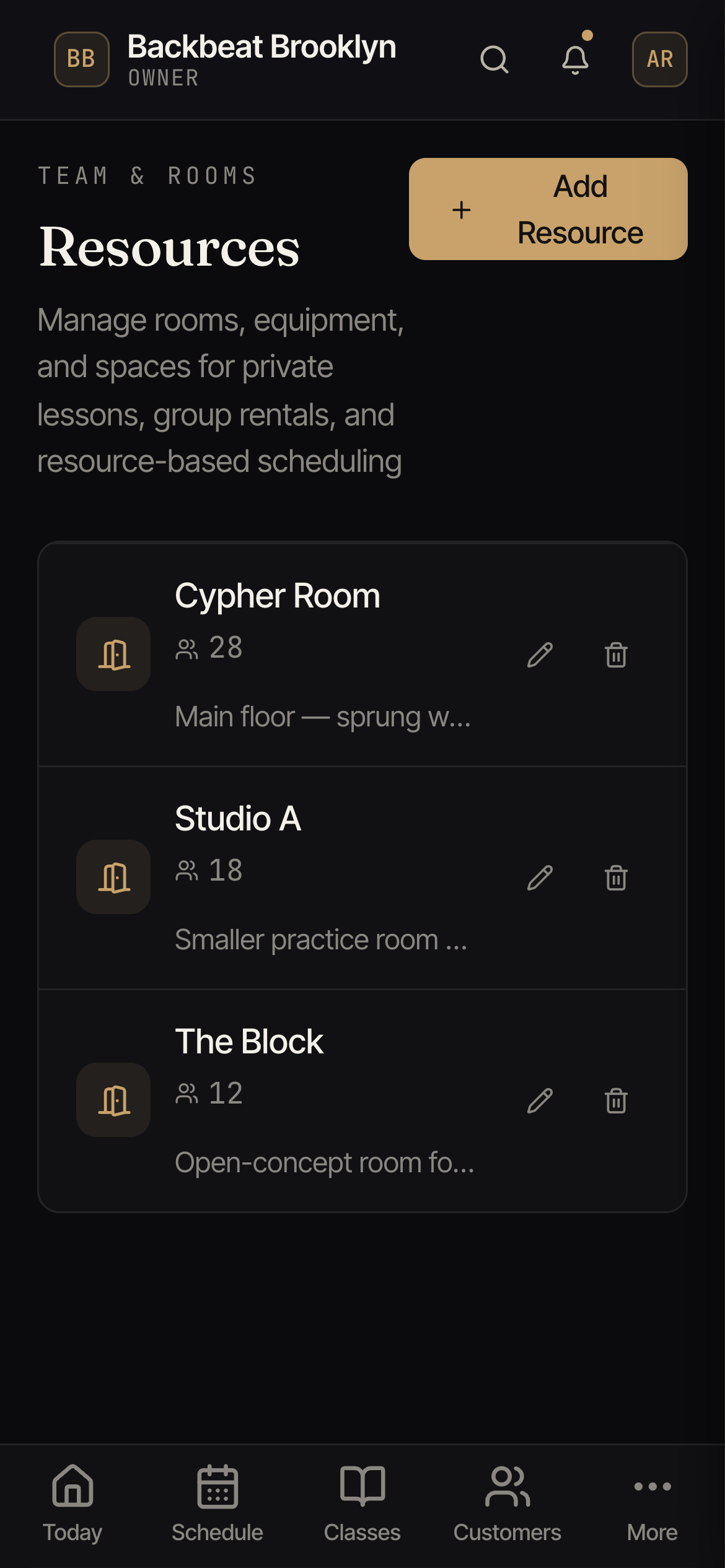 The Resources screen listing rooms with their capacity and a short description.