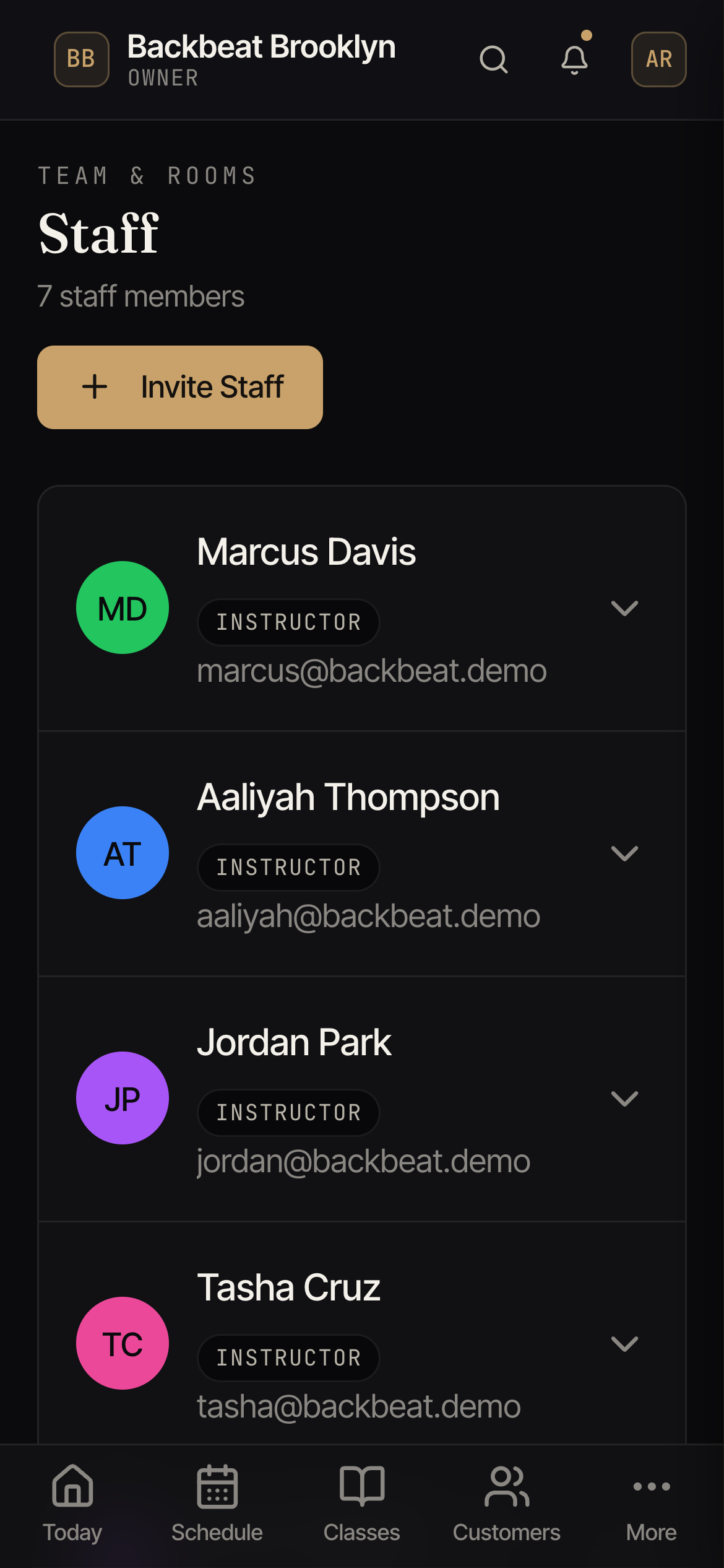 The Staff screen listing team members with their role, permissions, and status.